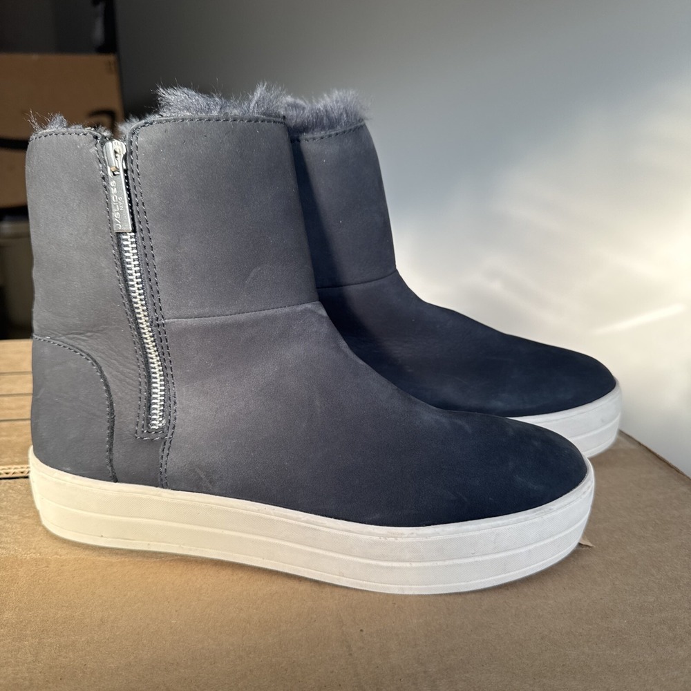 J/Slides NY Blue‎ Suede Side Zip High Top Sneakers Women's 9 Faux Fur Lined